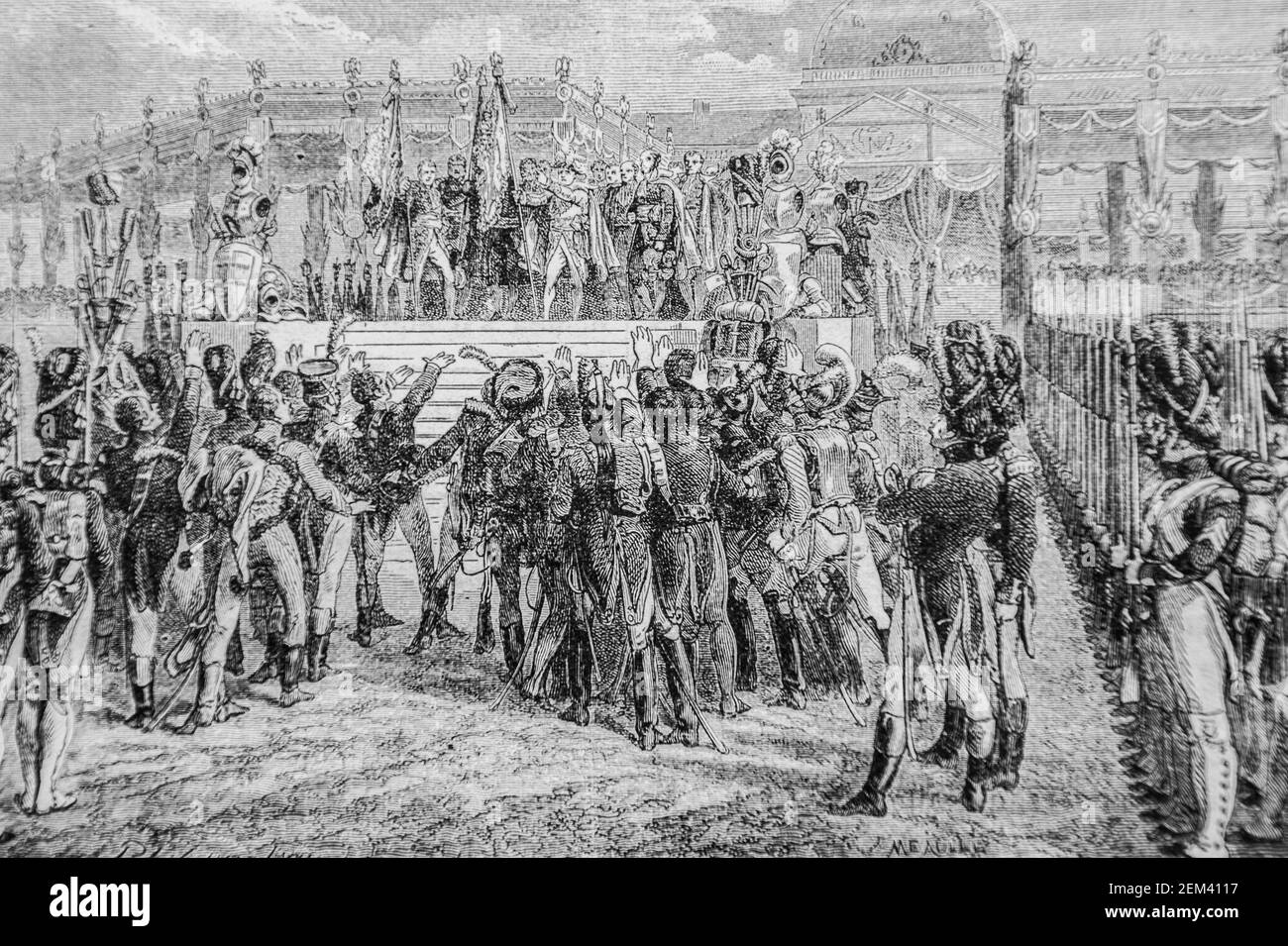 le clamp de mars;distribution des drapeaux, 1804-1832 histoire de france par henri martin ,editeur furne 1880 Foto Stock