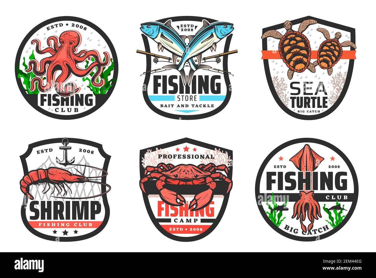 Icone vettoriali per la pesca del mare con pesci, frutti di mare, canna da pescatore e rete. Granchio, polpo e calamari, tonno, gamberetti e salmone, tartaruga marina, gamberi oceanici e anca Illustrazione Vettoriale