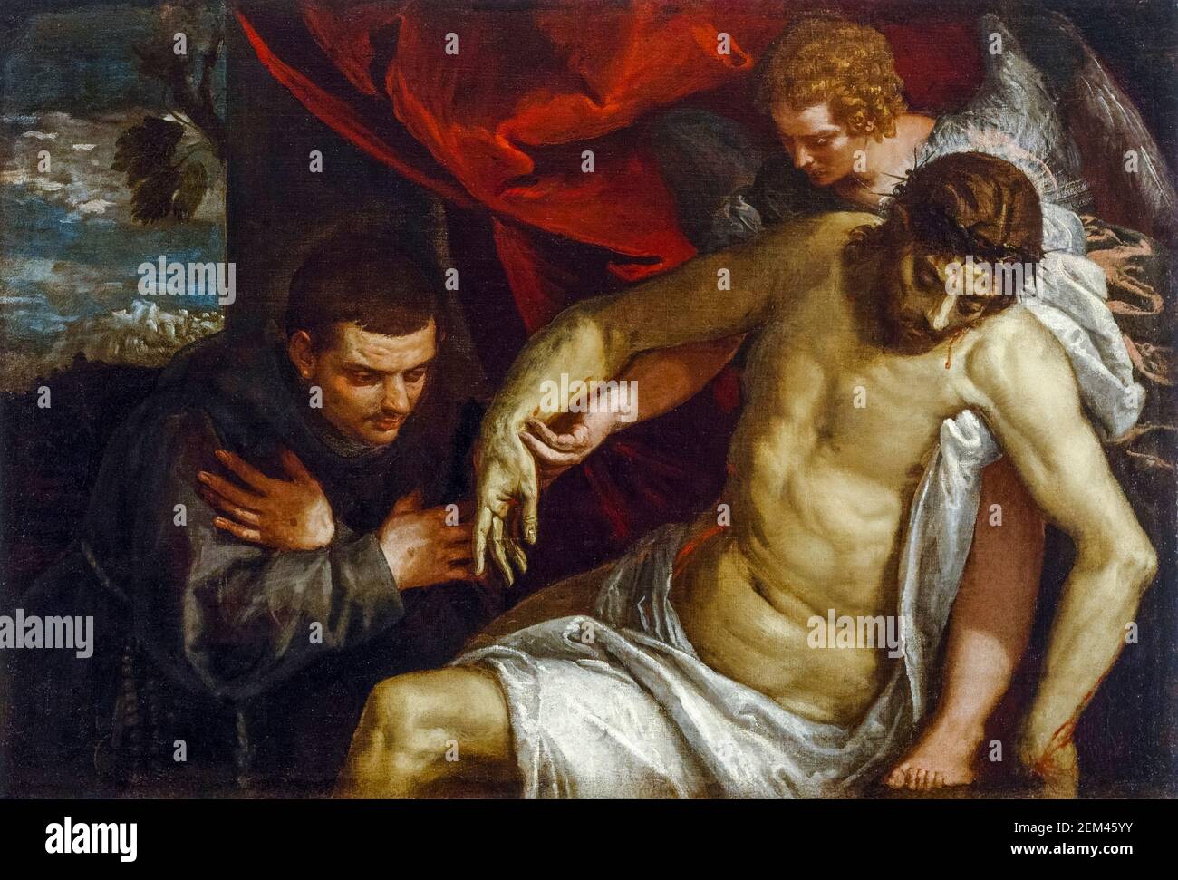 Paolo Veronese, il Cristo morto sostenuto da un Angelo e adorato da un francescano, pittura, 1584-1589 Foto Stock