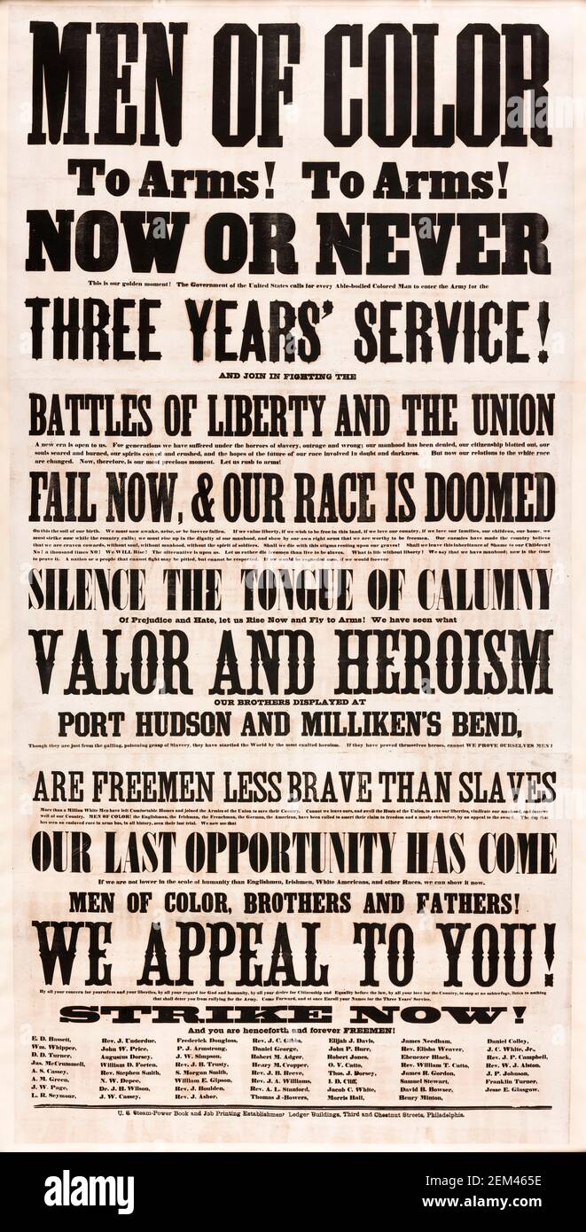 Poster US Army Recruitment in cui si chiede 'Men of Color' per arruolarsi per la guerra civile americana (1861-1865), poster scritto da Frederick Douglass, 1863 Foto Stock