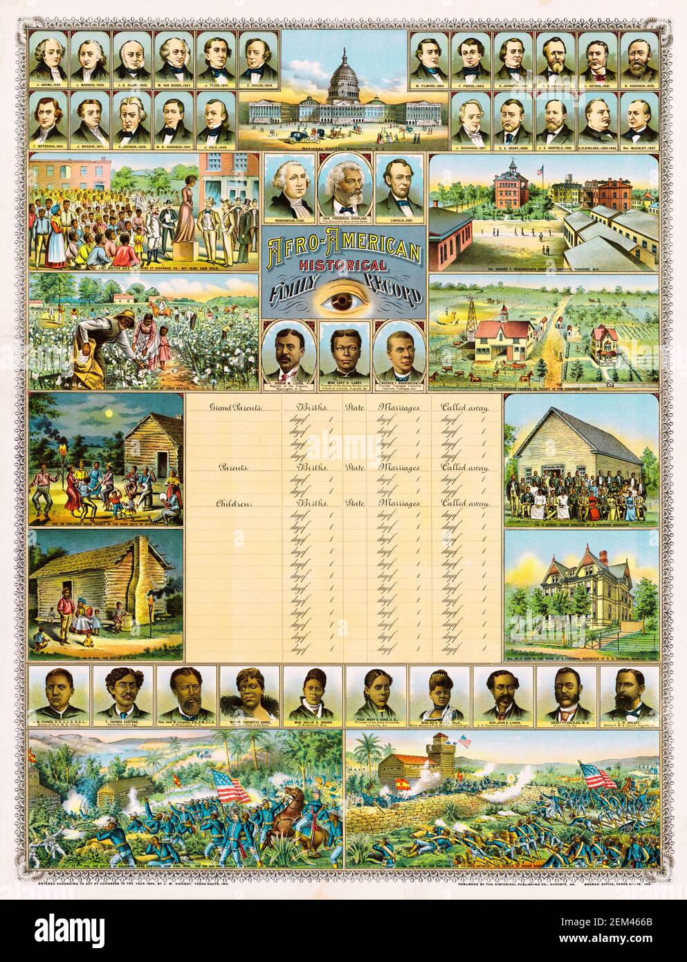 Afro-American, Historical Family Record, una carta genealogica personale e storia pittorica dell'avanzamento afroamericano negli Stati Uniti, stampa di James M Vickroy, circa 1899 Foto Stock