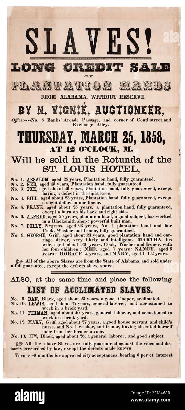ASTA del mercato schiavo DEGLI STATI UNITI: Manifesto che fa pubblicità ad un'asta della schiava di New Orleans di 18 persone schiavate ('mani di piantagione') dall'Alabama, Stati Uniti, 1858 Foto Stock