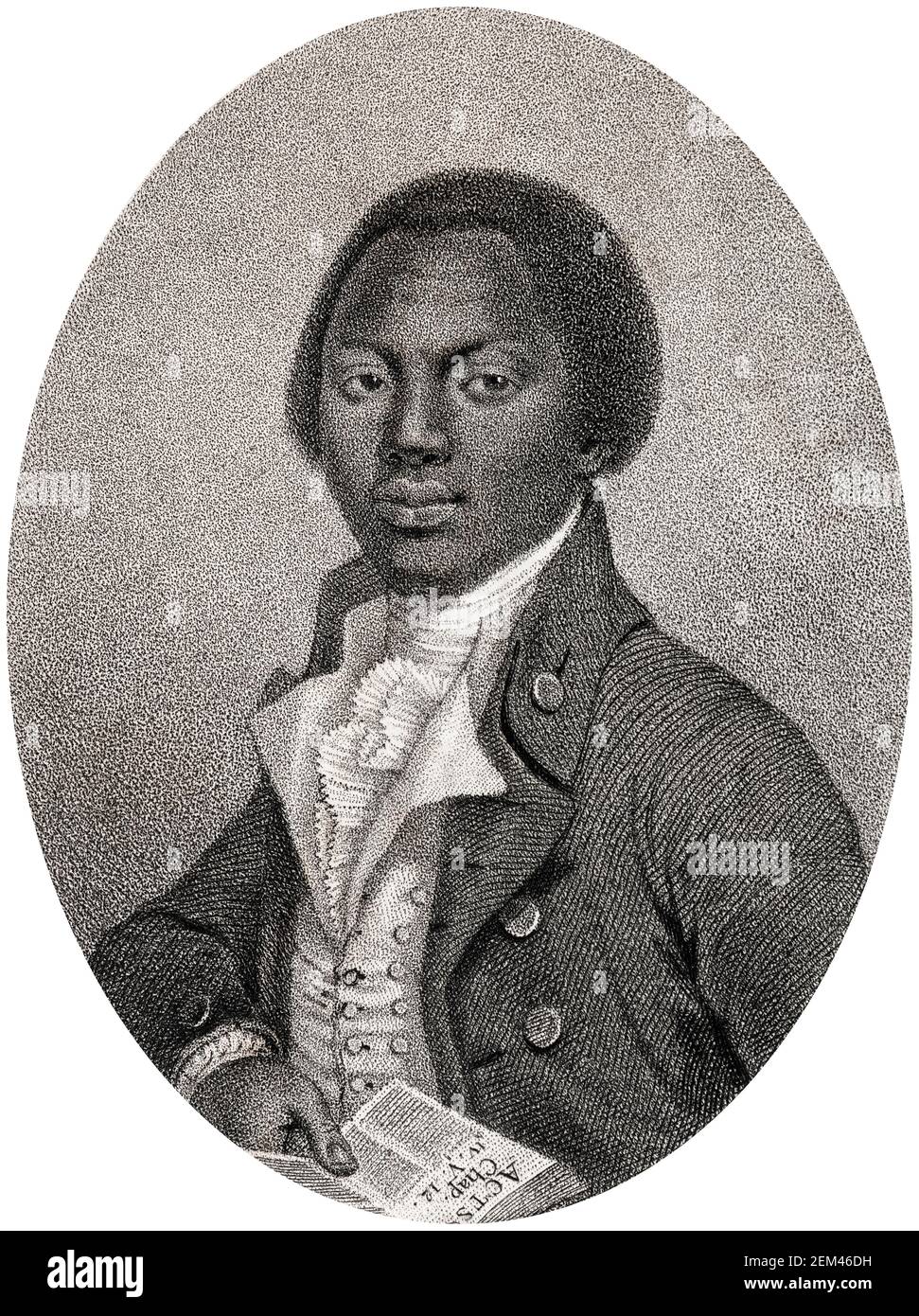 Olaudah Equiano (1745-1797), aka Gustavus vassa, scrittore e abolizionista britannico del commercio degli schiavi, incisione ritratto di Daniel Orme, 1789 Foto Stock