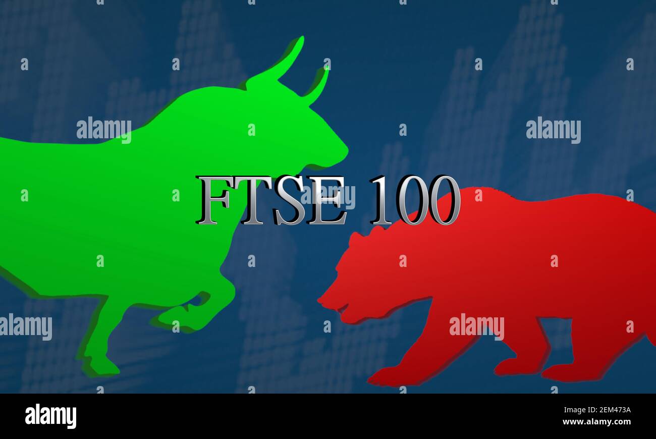 L'indice azionario britannico FTSE è volatile e mostra mancanza di direzione. L'illustrazione mostra uno standoff tra un toro verde contro un orso rosso con... Foto Stock