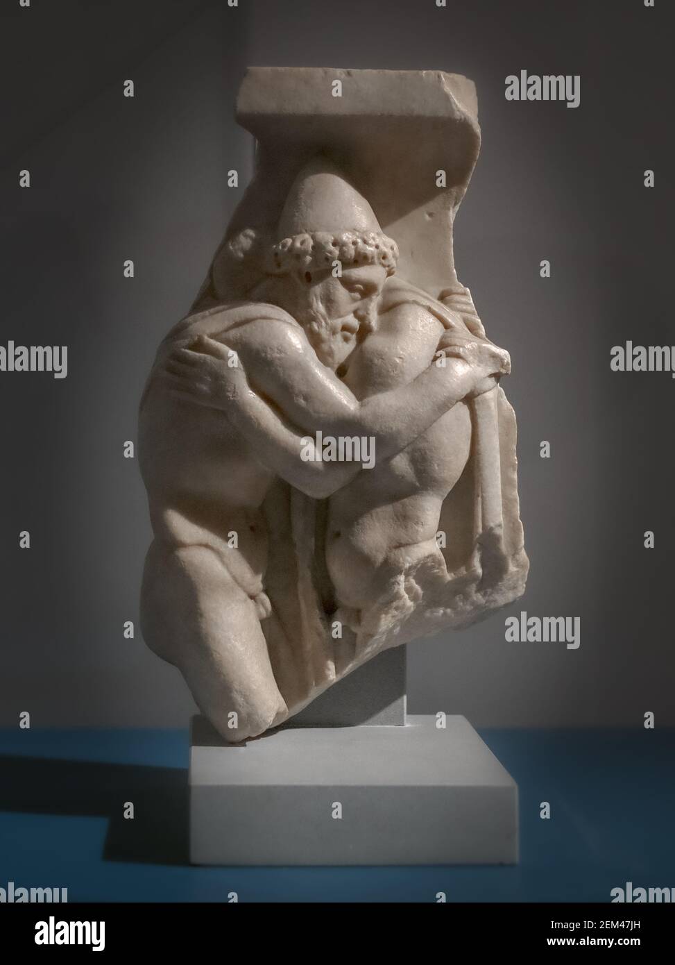 Antica arte romana, Ulisse e suo padre Laerte Re di Ithaca frammento di sarcofago di marmo, II secolo. Roma, Museo Barracco Roma Foto Stock