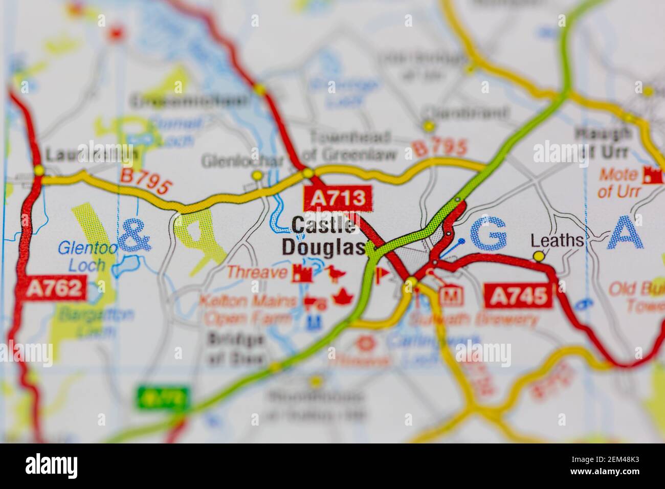 Castello Douglas mostrato su una mappa stradale o mappa geografica Foto Stock