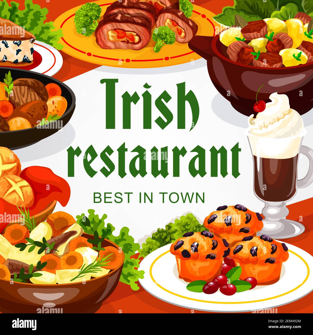 Cucina irlandese ristorante cibo di carne e verdure con dessert e caffè. Vector stufato irlandese, rotolo di manzo e agnello al forno, cupcake di mirtilli, Illustrazione Vettoriale