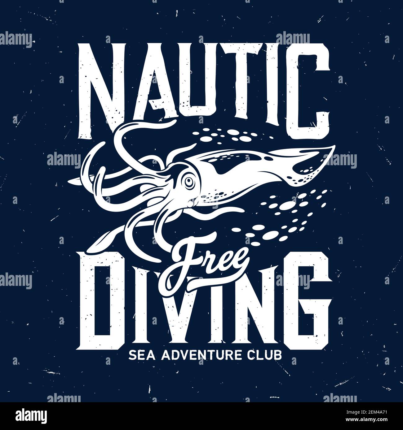 Stampa T-shirt con calamari, mascotte calamaria per diving club, avventura subacquea maschera nuda grunge blu con emblema t-shirt molluschi marini. OC Illustrazione Vettoriale