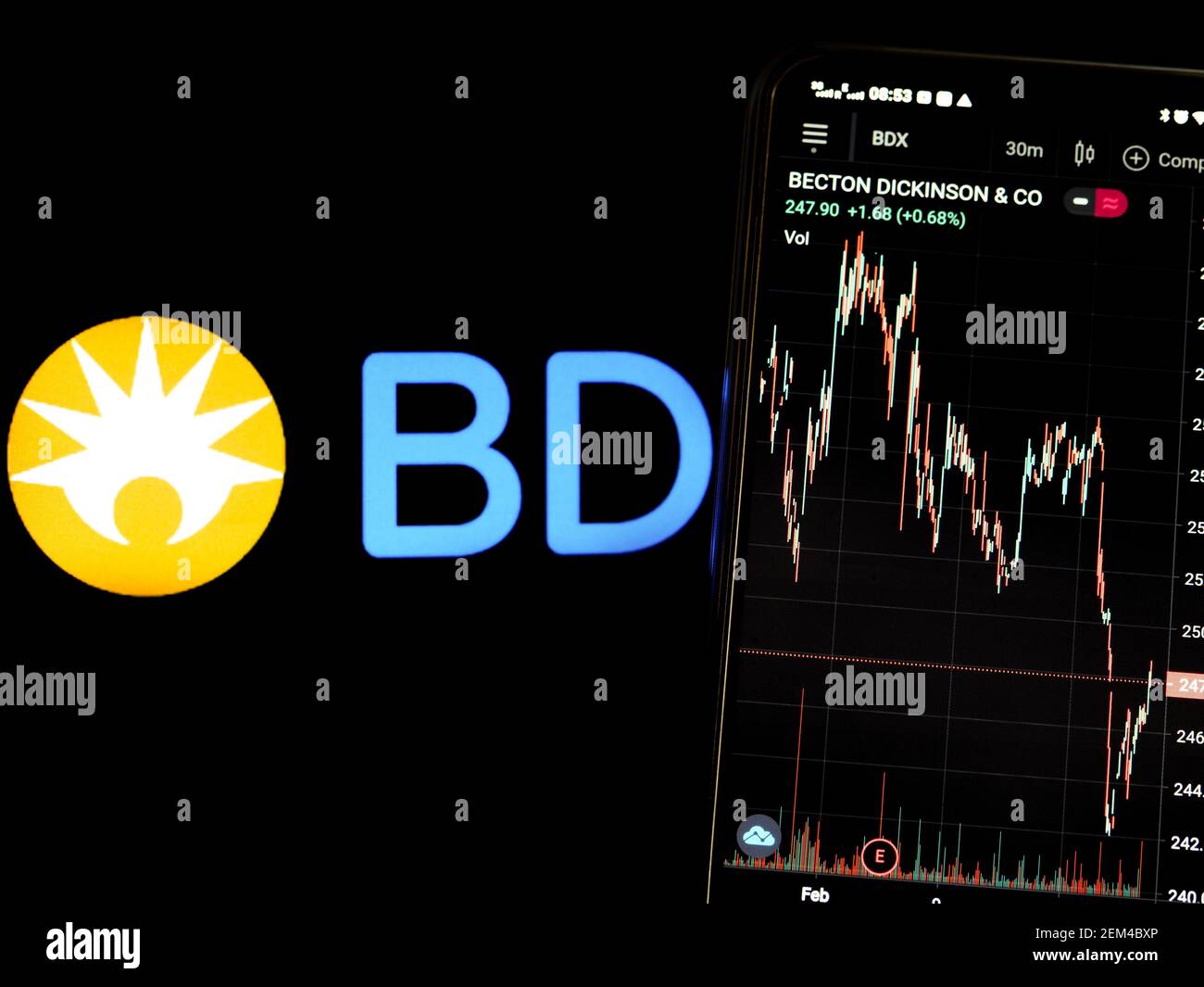 Ucraina. 24 Feb 2021. In questa illustrazione, le informazioni del mercato azionario di Becton, Dickinson e Company sono visualizzate su uno smartphone sullo sfondo del logo Becton, Dickinson e Company. Credit: Gollovniov/SOPA Images/ZUMA Wire/Alamy Live News Foto Stock