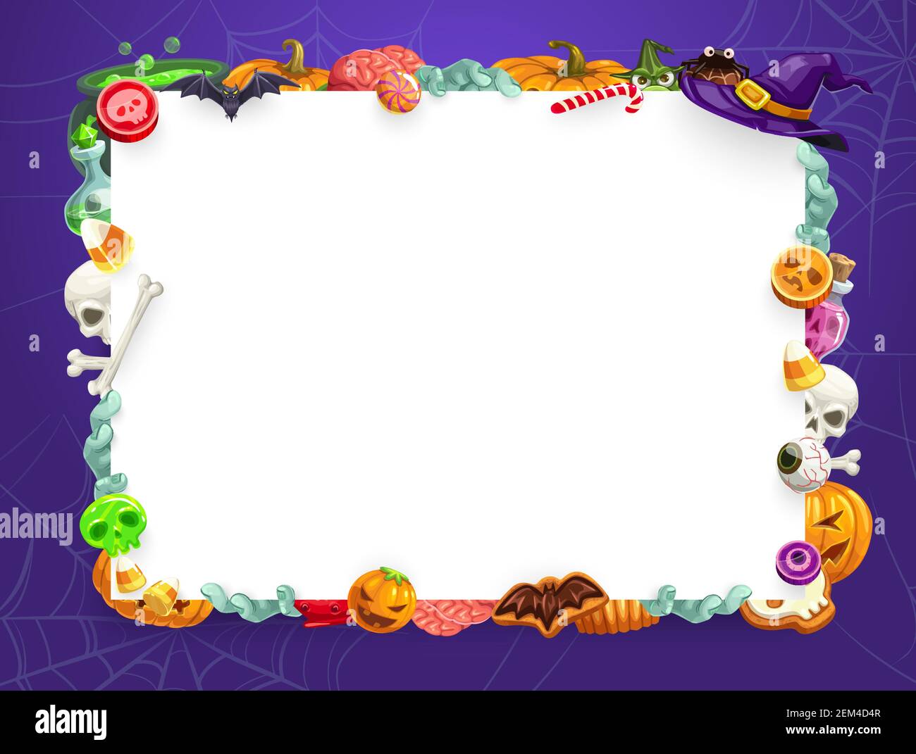 Halloween Holiday vettore cornice di trucco o trattare dolci e mostri di notte horror. Zucche, cappello di strega e teschi di scheletro, caramelle, lollipop e cak Illustrazione Vettoriale