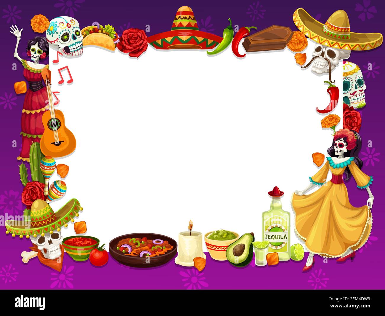 Cornice dia de los Muertos con simboli messicani per le festività. Vettore calavera cranio, burritos, fiori e cappello sombrero, peperoncino e bara. Danza dea Illustrazione Vettoriale