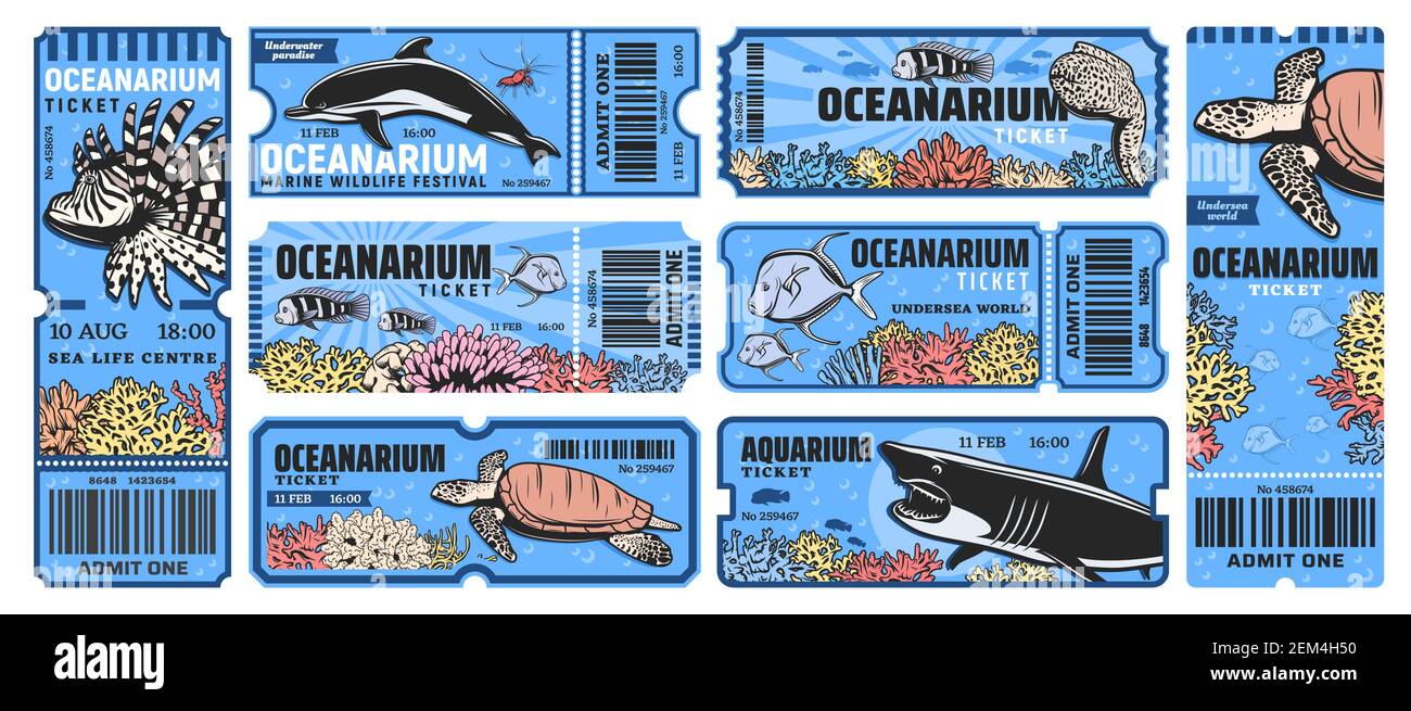 Biglietti per il parco Oceanarium, zoo con animali marini sott'acqua come squali, pesci angelo, pesci leone, delfini e tartarughe, anguilla e gamberi, coralli. Ve Illustrazione Vettoriale