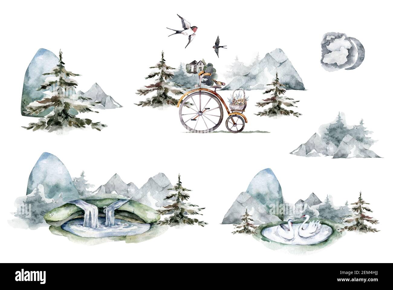 Set di acquerelli di cascata di montagna. Paesaggio isolato di acquerelli disegnati a mano con foresta e montagne su sfondo bianco Foto Stock