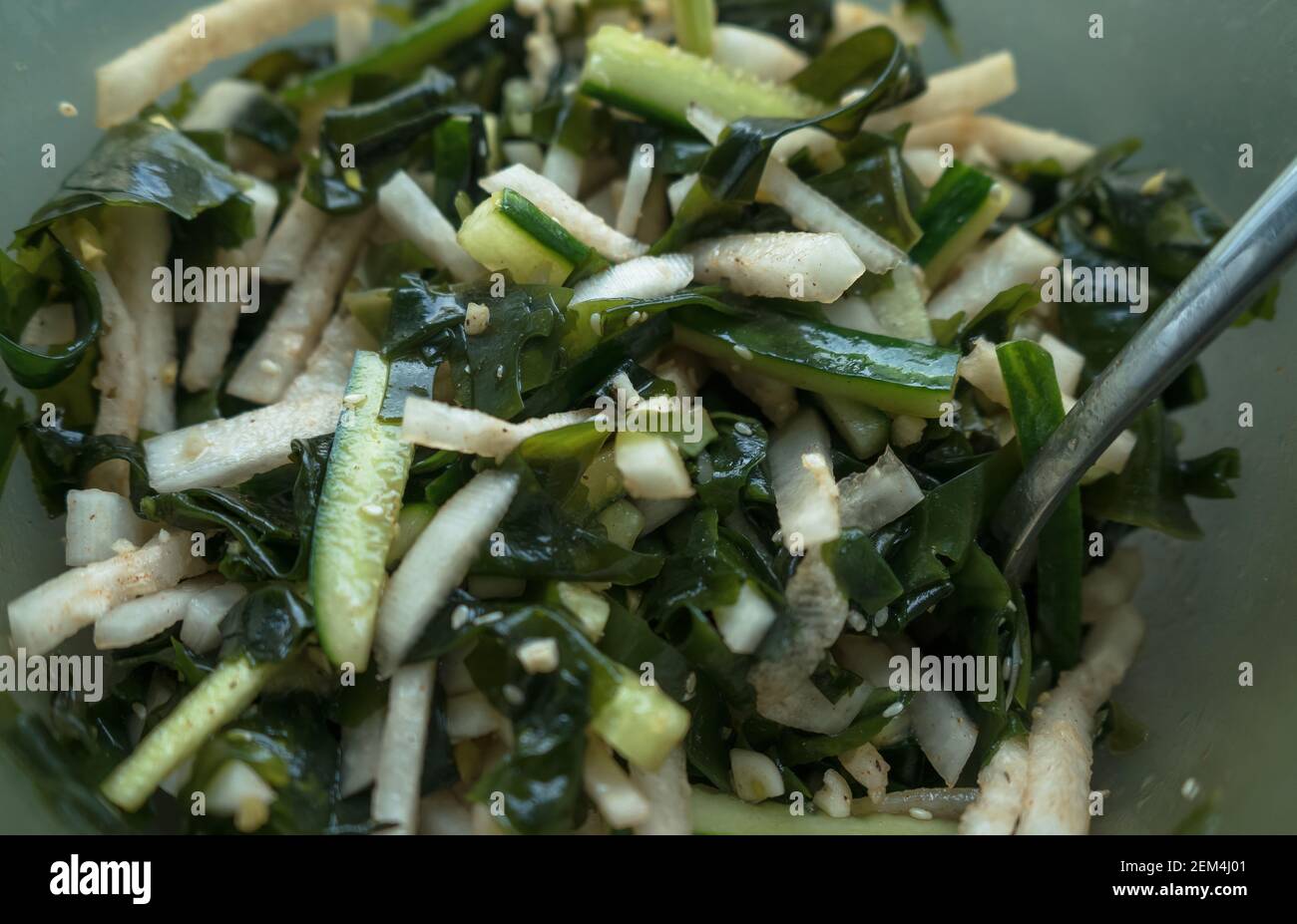 vista dall'alto dell'insalata fatta in casa con alghe di wakame, rafano di daikon e cetrioli con semi di condimenti e olio di condimento Foto Stock