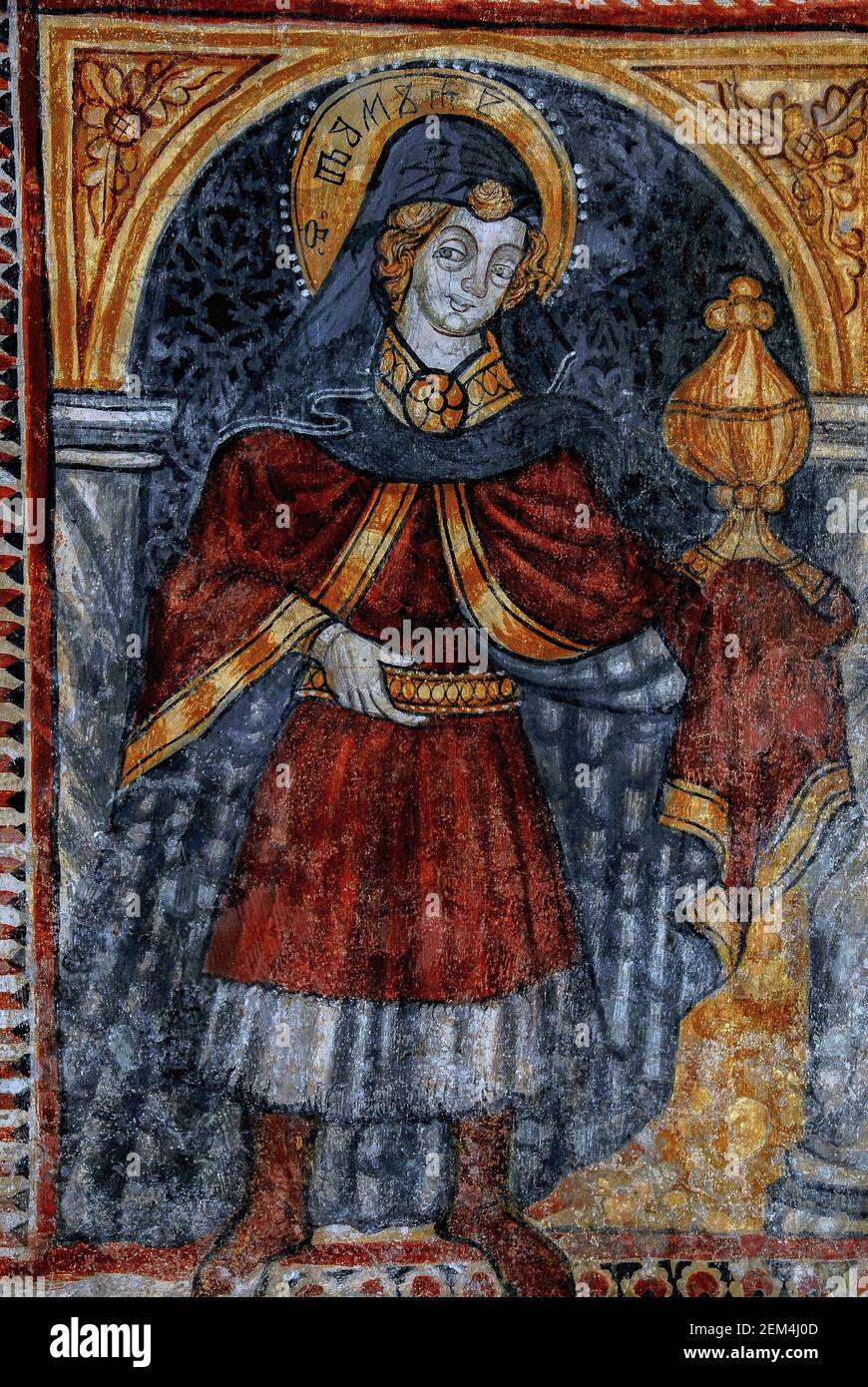 San Damiano, medico di origine araba e martire paleocristiano. Dettaglio dell'affresco della fine degli anni '1400 dell'artista tedesco Alberto di Costanza, in chiesa a Plomin, Istria, Croazia. Damian e suo fratello Cosma sono santi patroni della medicina e della farmacia. Foto Stock