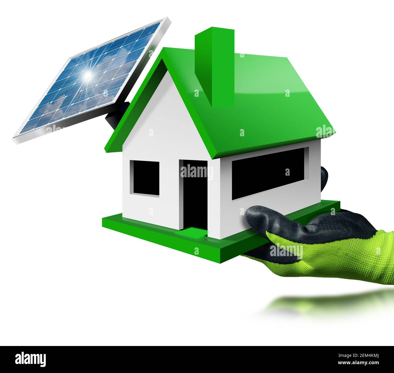 Mano con guanti che tiene una piccola casa modello con pannello solare sul tetto. Isolato su sfondo bianco. Concetto di energia rinnovabile. Foto Stock