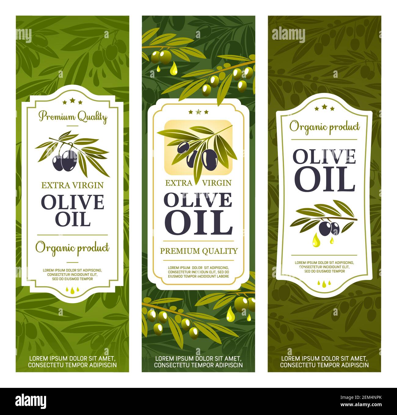 Etichette delle confezioni di bottiglie di olio d'oliva, olive extra vergini biologiche. Vettrice di striscioni di olio d'oliva naturale di prima qualità, in spagnolo, greco e italiano, con stelle; Illustrazione Vettoriale