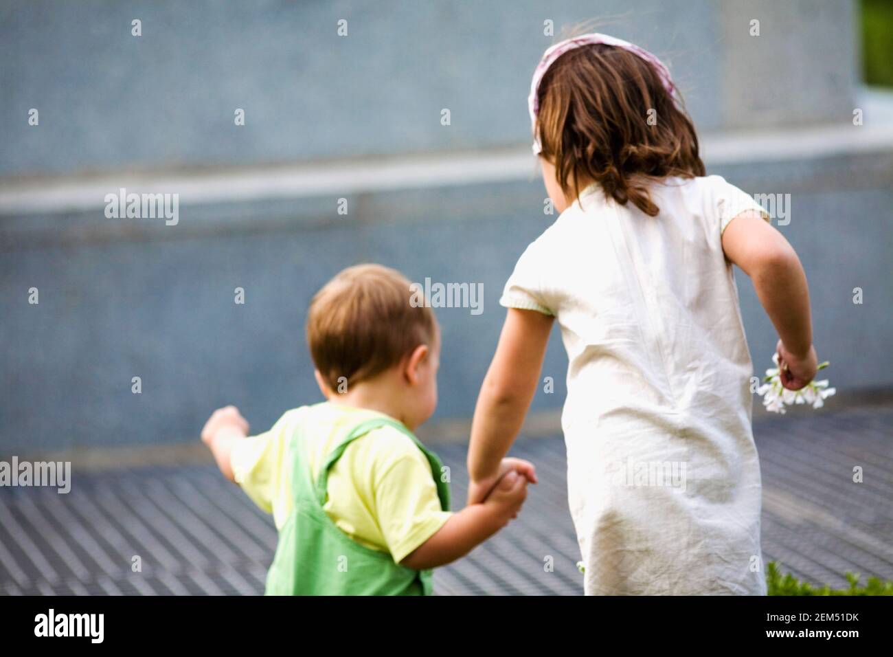 Vista posteriore di una ragazza che tiene la mano del fratello Foto Stock