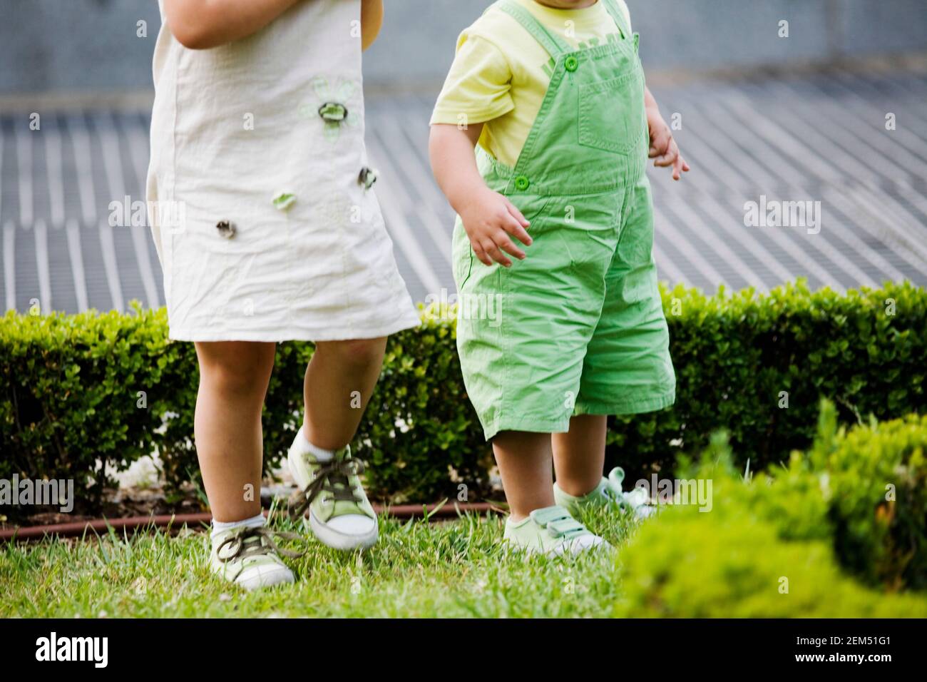 Primo piano di una ragazza e di un ragazzo in piedi su erba Foto Stock