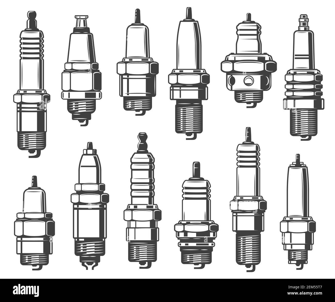 Tipi di candele, sistema di accensione per auto e ricambi per motore ad accensione comandata. Vector veicoli isolati parti, auto service, meccanico garage e automot Illustrazione Vettoriale