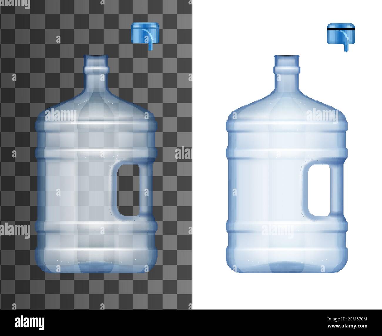 Bottiglie realistiche in plastica grande per refrigeratore d'acqua con  tappo aperto, mockup vettoriale 3D isolato. Confezioni vuote blu con manico  per acqua potabile. Canc Immagine e Vettoriale - Alamy