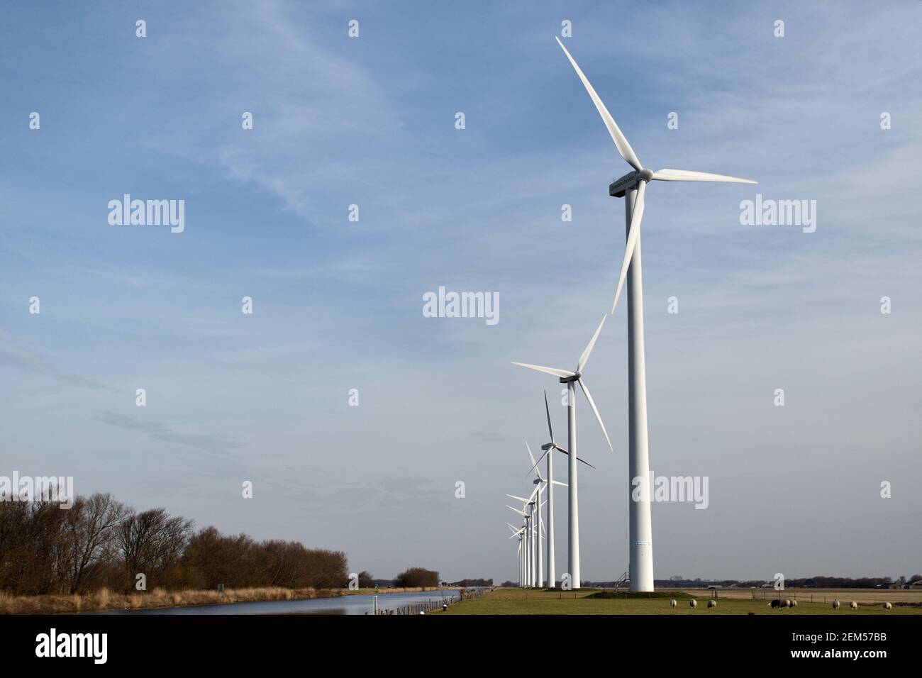 Una fila di generatori di energia elettrica di turbine eoliche che girano accanto a. Canale olandese Foto Stock