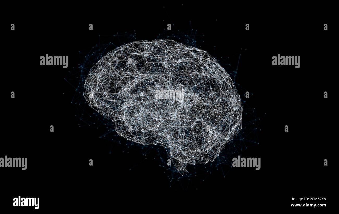 Dati digitali e connessione di rete del cervello umano isolati su sfondo bianco. Intelligenza artificiale immagine concettuale 3d Foto Stock