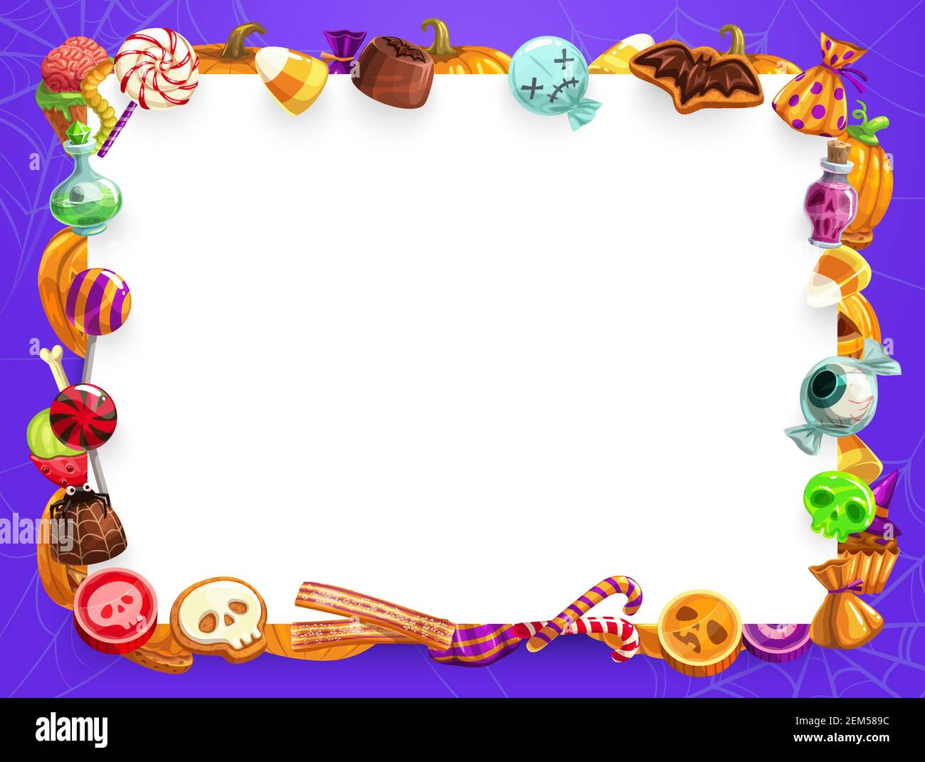 Halloween trucco o trattare dolci e caramelle cornice con copia spazio  vettore disegno. Caramelle di mais, torta di zucca e cupcake, lollipop,  cioccolato e gelatine Immagine e Vettoriale - Alamy