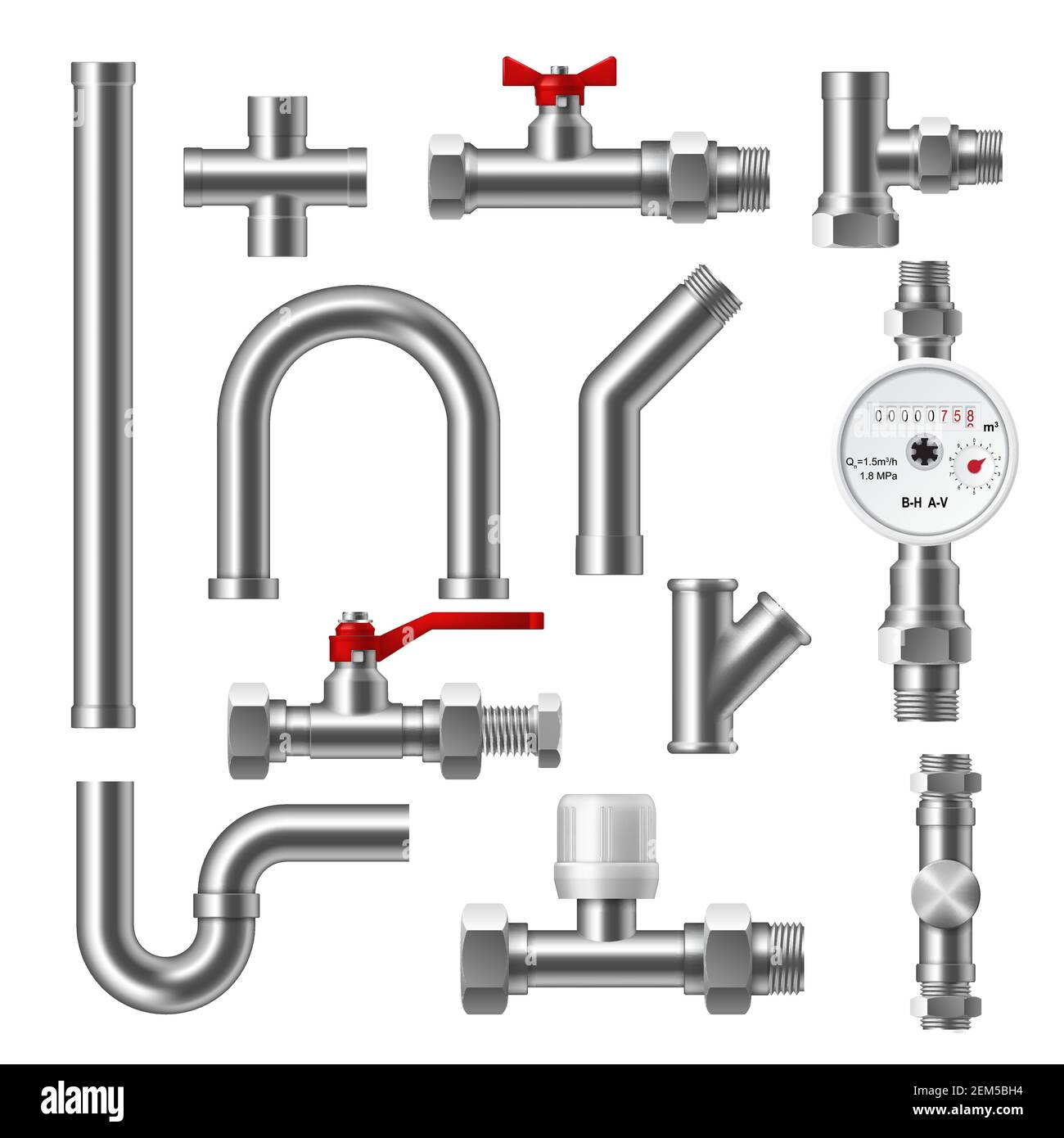 Tubi idraulici, raccordi, valvole a sfera per tubazioni dell'acqua e  flussometro a pistone progettazione vettoriale 3d. Fissaggi in plastica,  pvc o acciaio, gomito, raccordo a T e croce Immagine e Vettoriale -