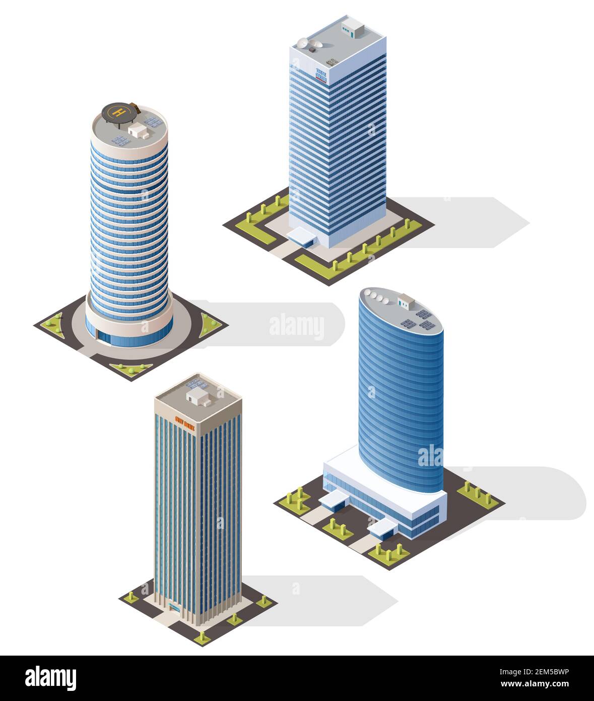 Grattacieli con design isometrico 3d, case vettoriali di banche e uffici, torri di business center. Immobili commerciali e appartamenti di lusso archi Illustrazione Vettoriale