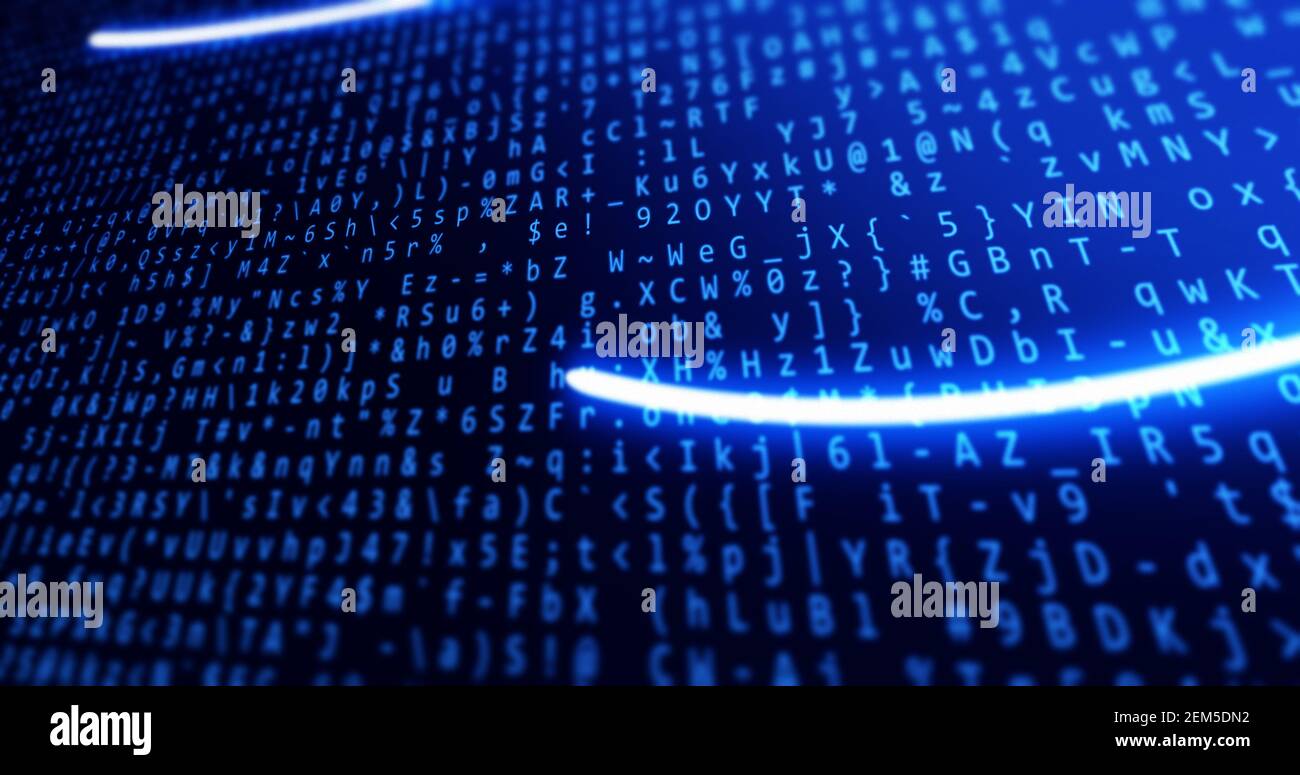 Sfondo blu con dati e concetti tecnologia e luci prospettiva moderna. Codice Foto Stock
