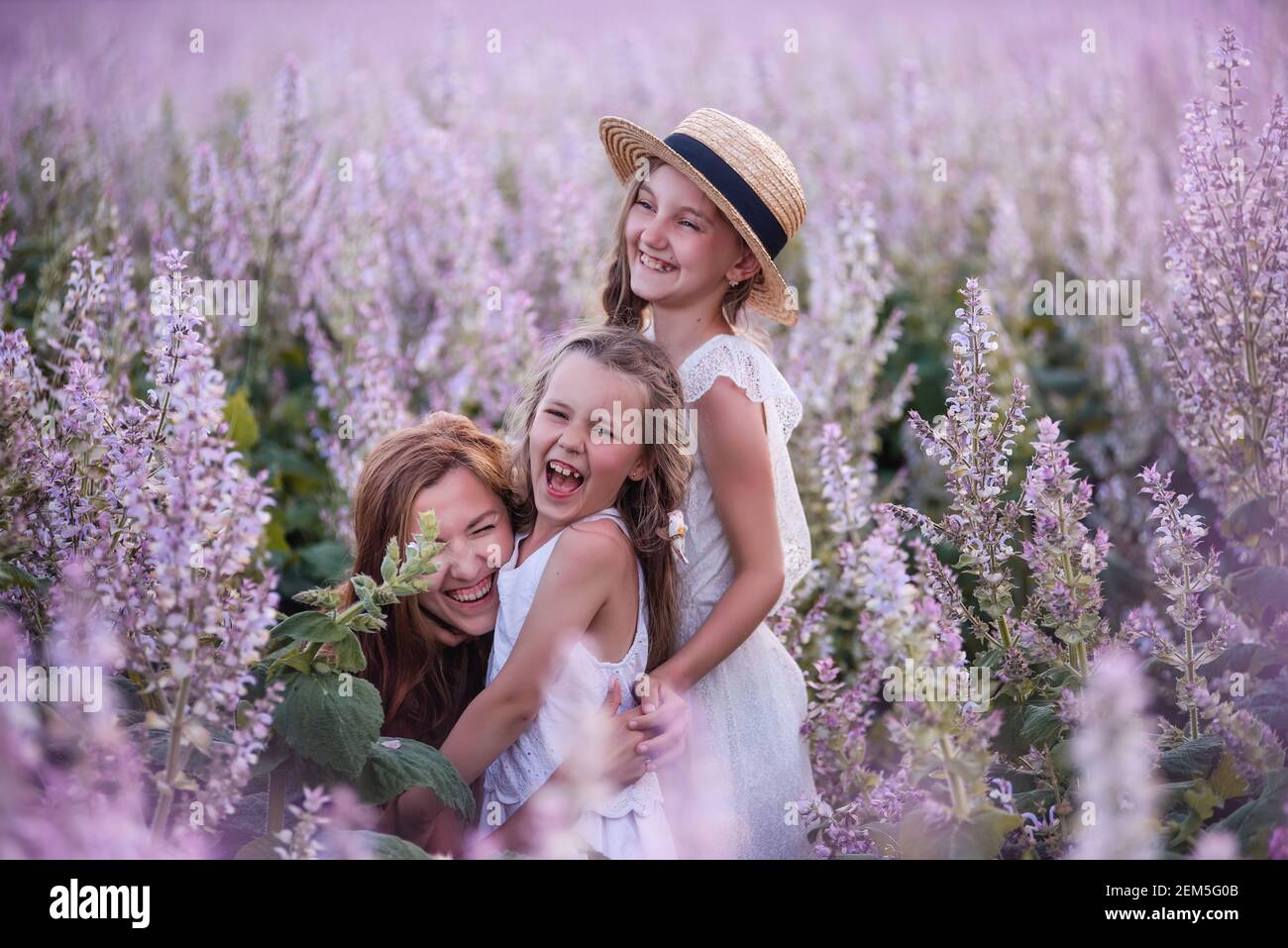 La giovane madre abbraccia due figlie nel campo di salvia in fiore viola. Le ragazze si abbracciano insieme, ridono, Buon divertimento. Vestito bianco con cappelli di paglia. In viaggio Foto Stock