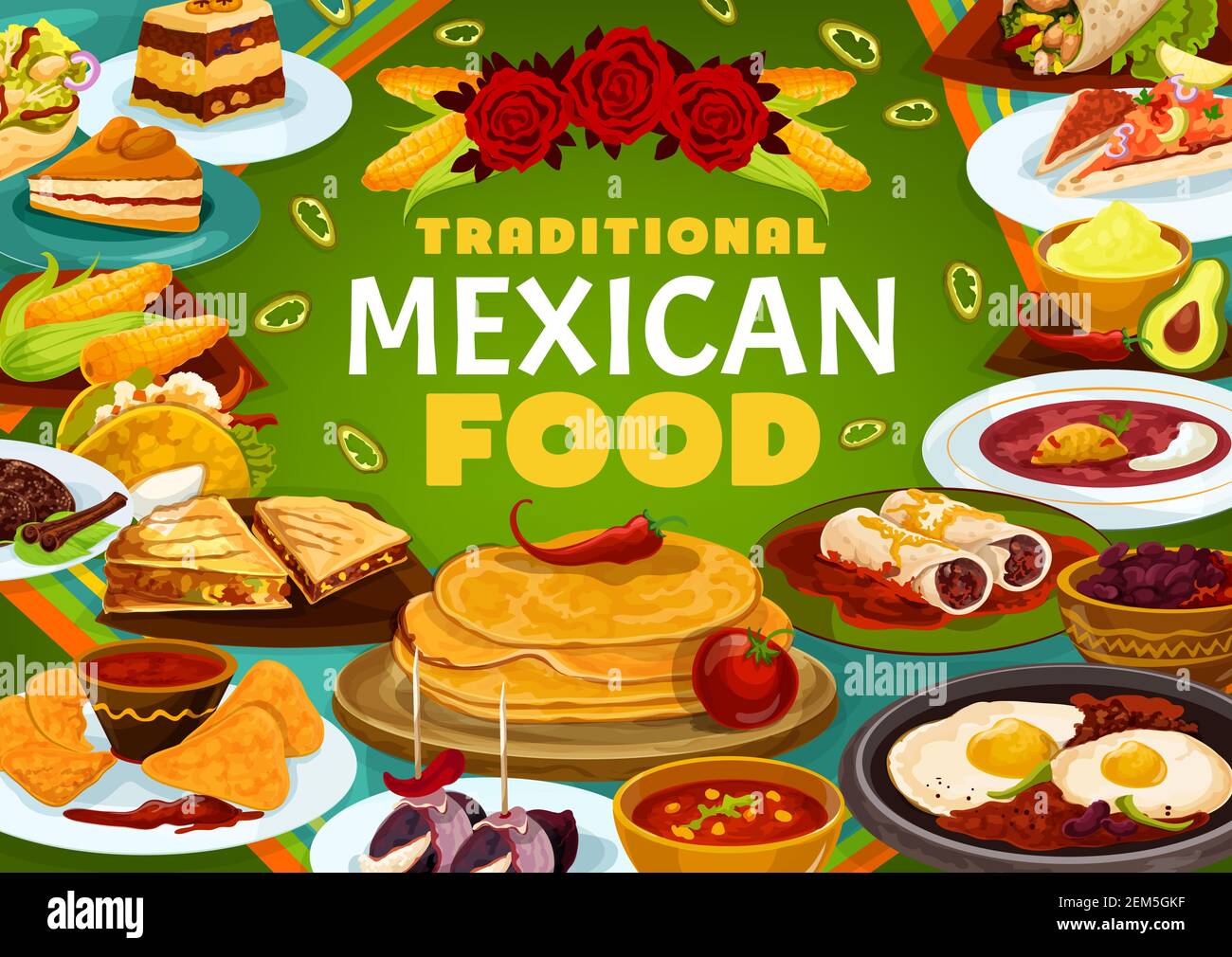 Cucina messicana, piatti tradizionali del menu del ristorante, ricette di  cucina, copertina del libro di ricette. Vector Messico pranzo e cena pasti,  empanada di carne, tacos insalata Immagine e Vettoriale - Alamy