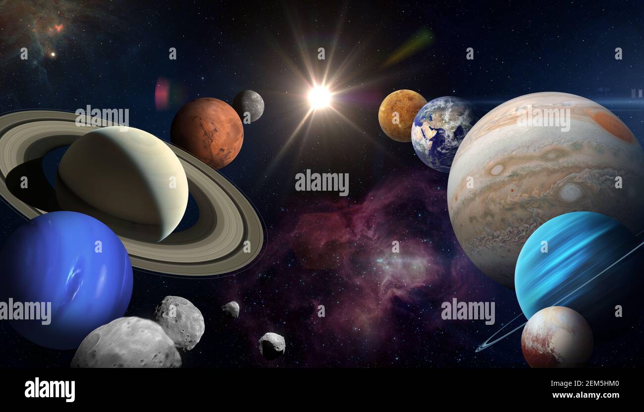 Sistema solare pianeta, sole e stella. Sole, Terra, Mercurio, Venere, Terra, Marte, Giove, Saturno, Urano, Nettuno. Elementi di questa immagine forniti dalla NASA Foto Stock