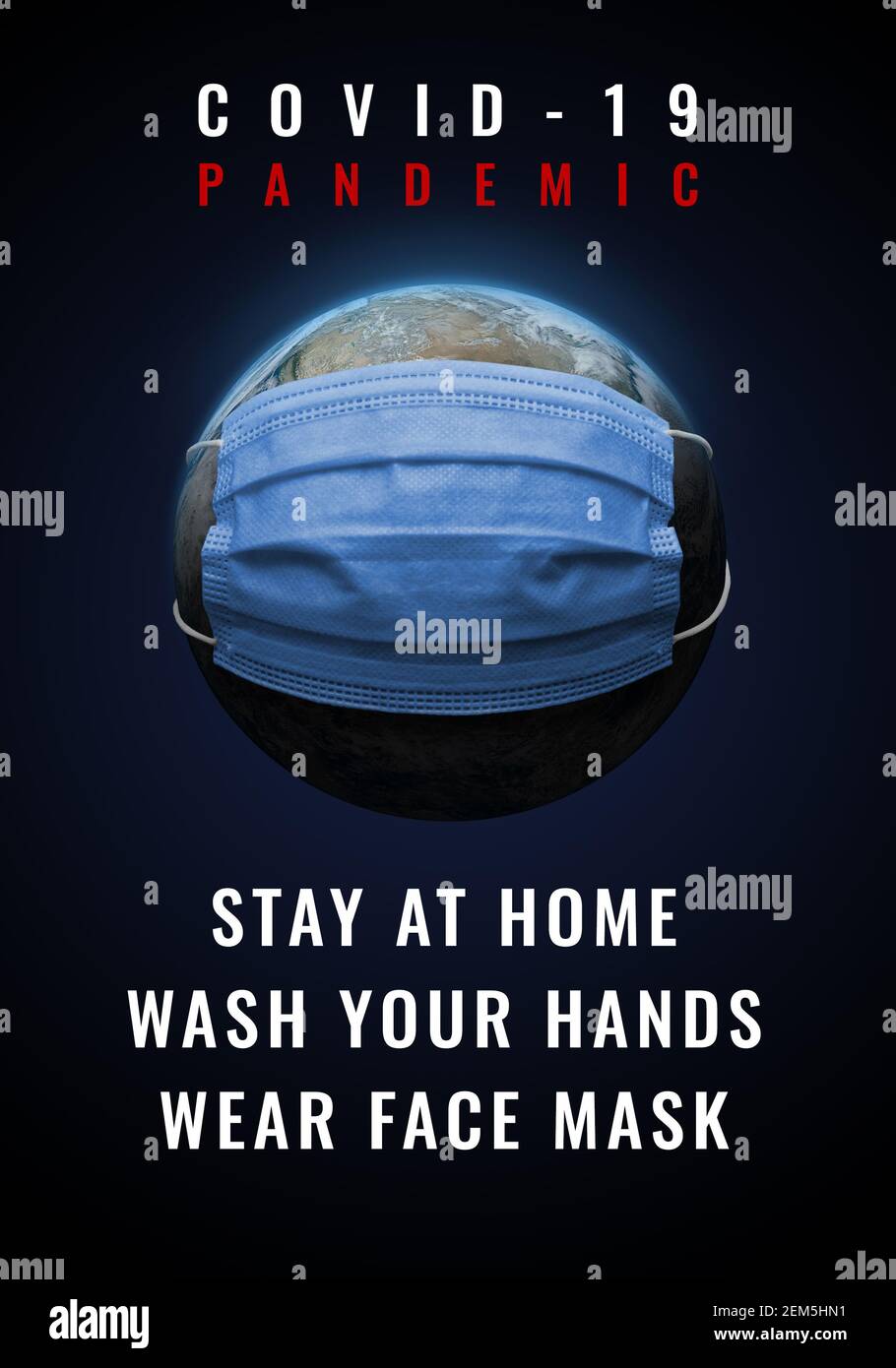 Pianeta Terra con maschera facciale e con tre regole di base per evitare il coronavirus: Rimanere a casa, lavare le mani, indossare maschera facciale. Questa immagine elementi fu Foto Stock