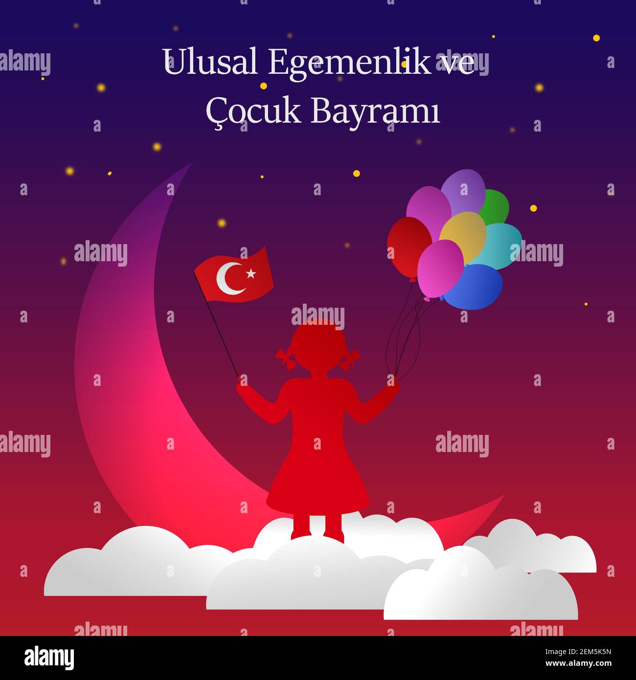Aprile 23, tacchino Holiday Card. Turco testo: 23 nisan cocuk bayrami. Carino ragazza tiene ballon e bandiera di Turchia. Illustrazione Vettoriale