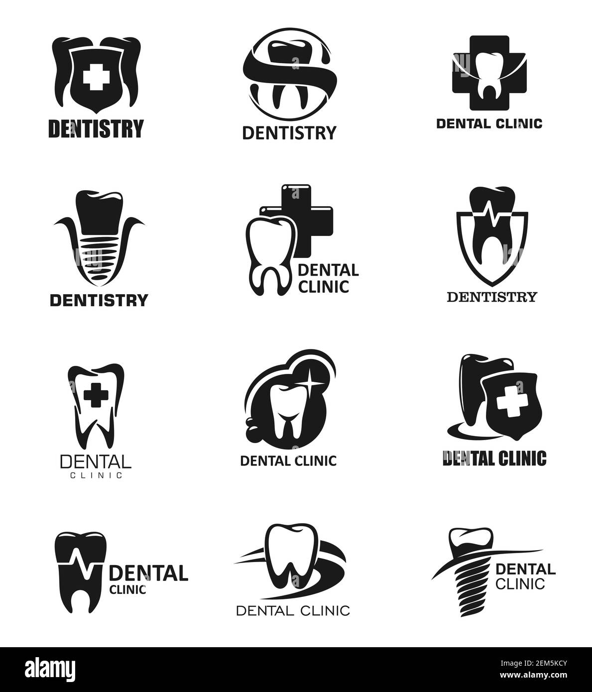 Icone odontoiatriche, clinica odontoiatrica isolati segni vettoriali di denti, croce e scudo. Set di simboli monocromatici impianto ortodontico, dente scintillante. Venti Illustrazione Vettoriale