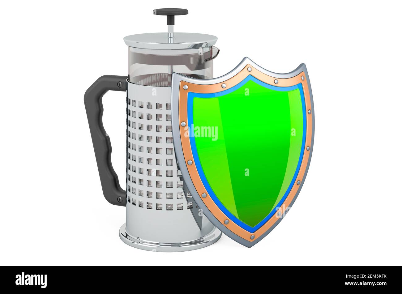 French press, stantuffo con schermo, rendering 3D isolato su sfondo bianco Foto Stock