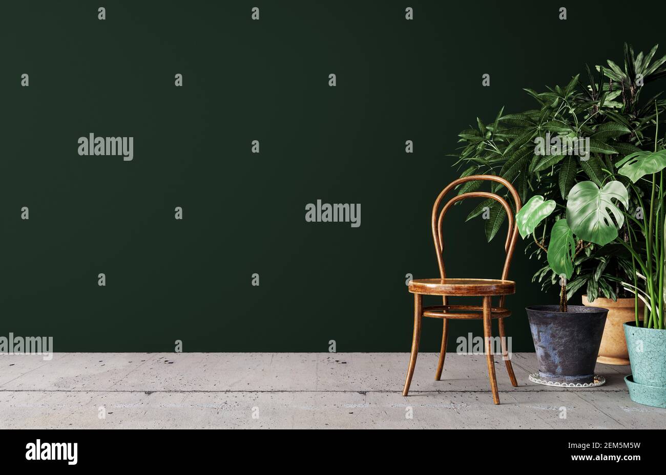 Sfoggiare interni con piante in vaso e vecchia sedia in legno davanti a una parete verde scuro sfondo 3D rendering, illustrazione 3D Foto Stock