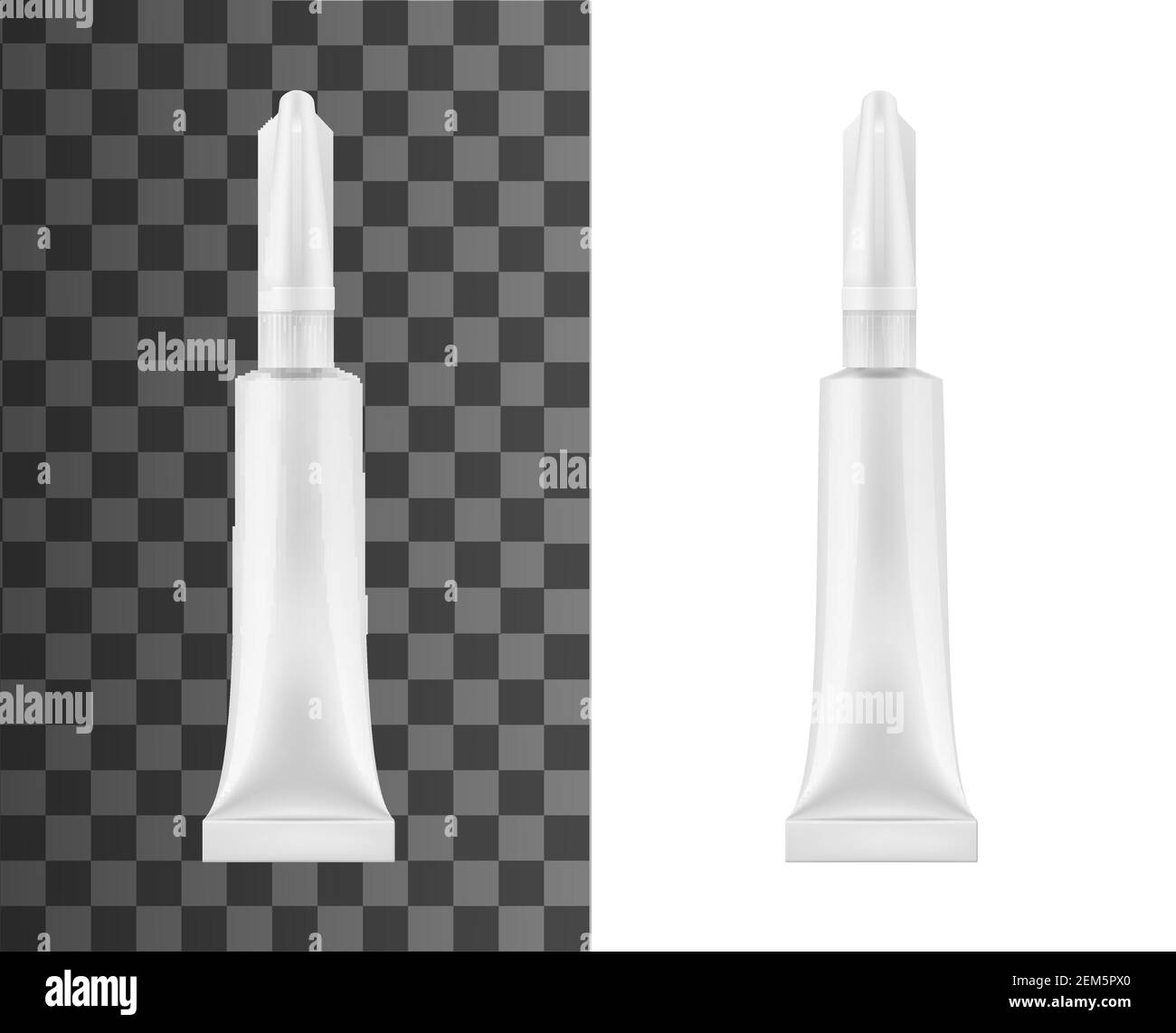 Mockup tubo colla, oggetto vettoriale 3d isolato. Confezione bianca adesiva realistica, colla super universale in tubo metallico, contenitore vuoto con lungo Illustrazione Vettoriale