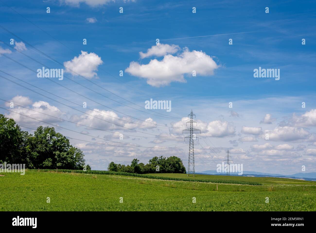 Piloni ad alta tensione e fili sul campo. Paesaggio con campo agricolo, alberi, cielo e nuvole. Vevey, Svizzera. Scena tranquilla. Foto Stock