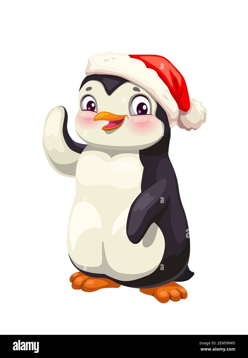 Pinguino carino animale cartoon in inverno rosso cappello vettore disegno. Uccello antartico innevato con faccia bianca e nera sorridente e sventolante. Carattere pinguino polare Illustrazione Vettoriale