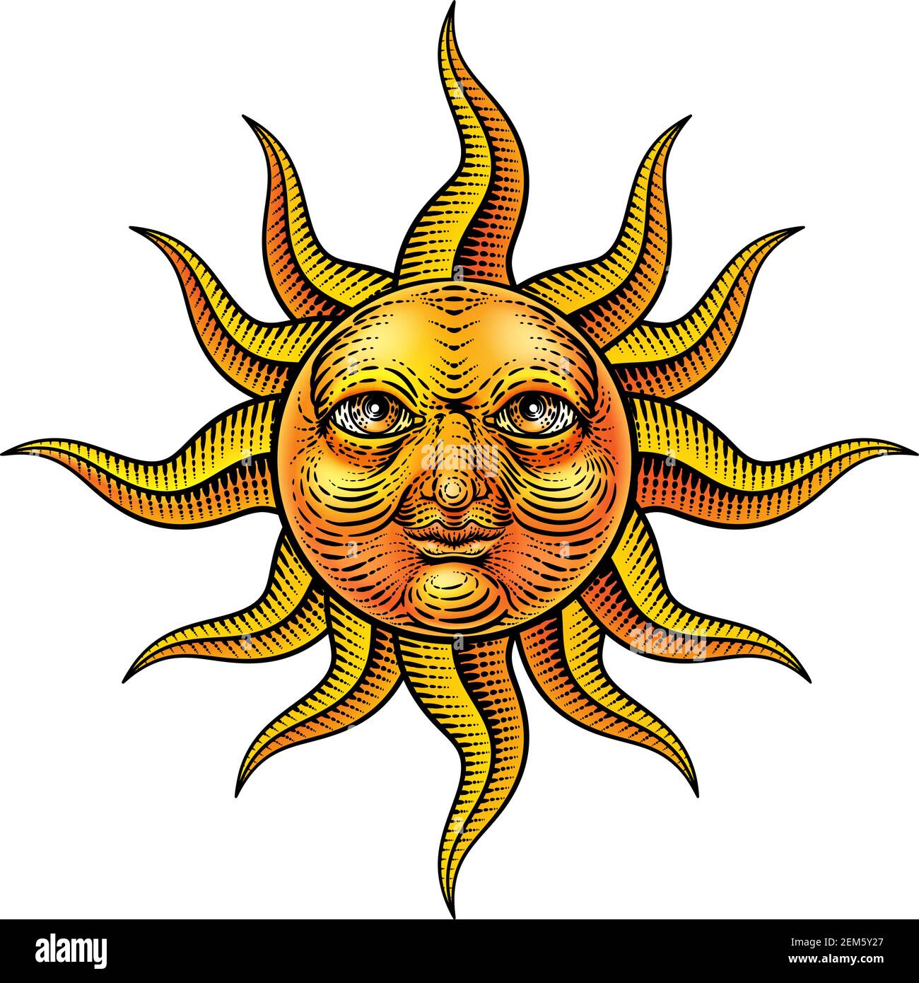 Sun Face Woodcut disegno retro vintage incisione Illustrazione Vettoriale