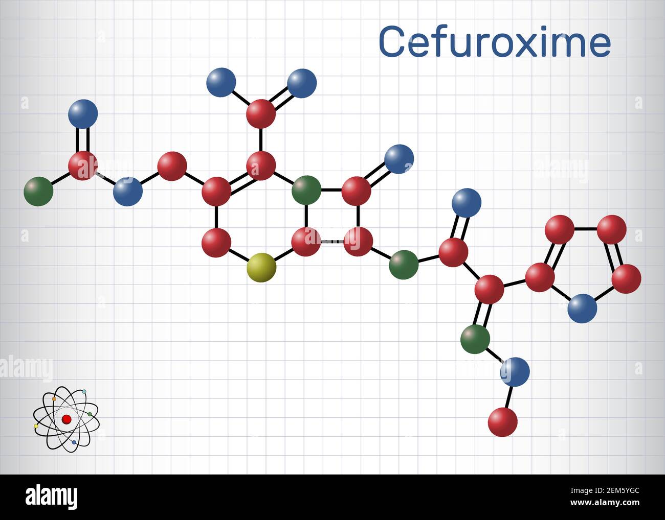 Molecola di Cefuroxima. È un antibiotico cefalosporinico di seconda generazione per il trattamento di polmonite, meningite, otite media, sepsi. Foglio di carta Illustrazione Vettoriale