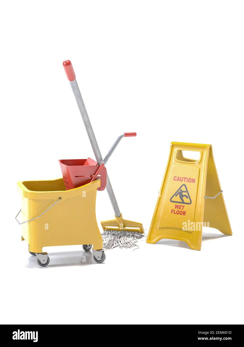 Secchio, mop e pavimento bagnato segno sparato su sfondo bianco Foto Stock