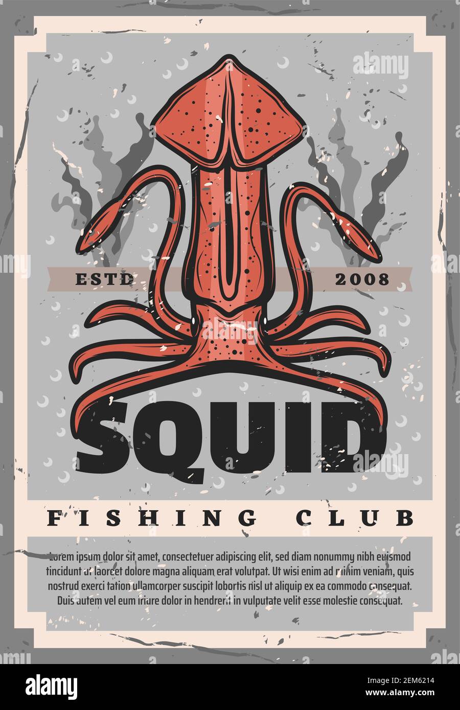Poster retrò con calamari per il disegno di club di pesca. Enorme vettore calamario sul fondo dell'oceano con alghe, pescatore professionista società vintage design, fi Illustrazione Vettoriale