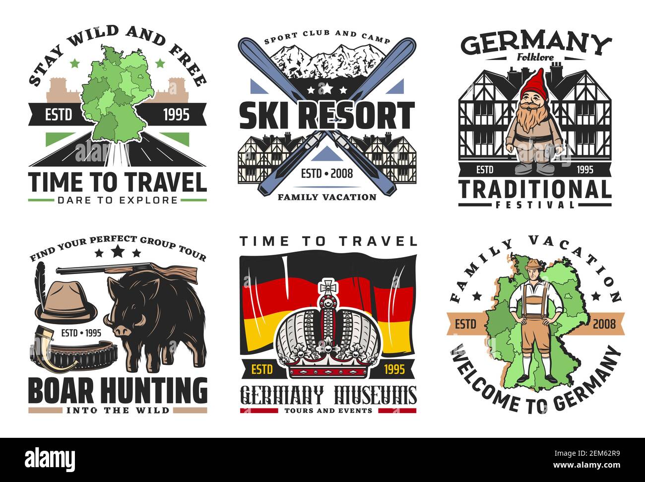 Germania icone vettoriali di viaggi tedeschi e turismo simboli tradizionali. Bandiera, mappa e edifici bavaresi, cappello da cacciatore, pistola da caccia e cinghiale, Alpino moun Illustrazione Vettoriale