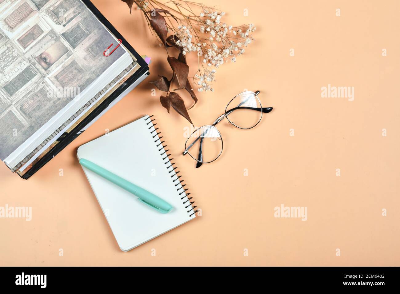 Libri, taccuino, penna e occhiali su sfondo arancione Foto Stock