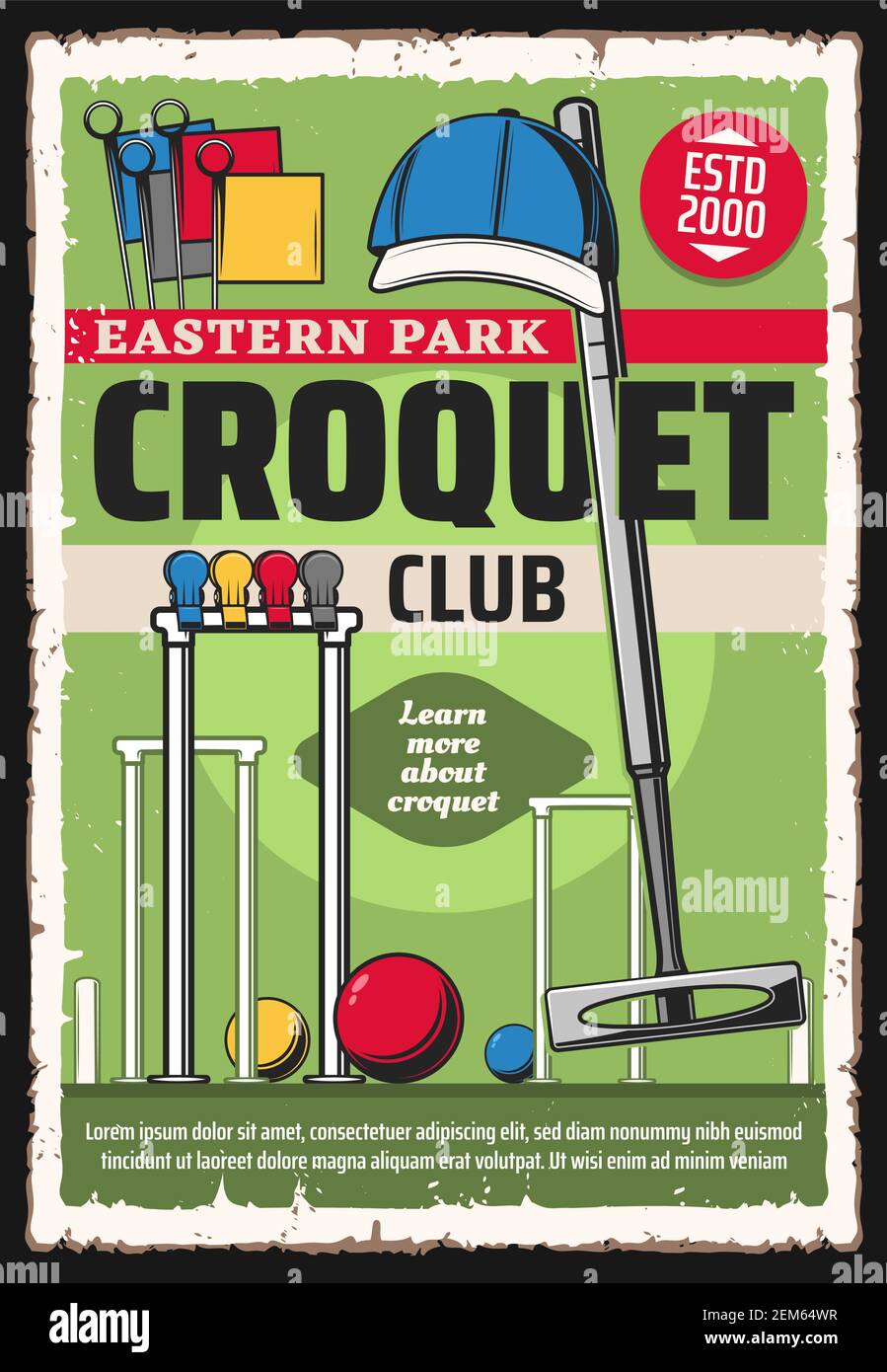 Croquet gioco sport torneo vettore vintage poster retrò. Gioco da campionato croquet e attrezzature professionali, mallet giocatore, palla, campo e ga Illustrazione Vettoriale