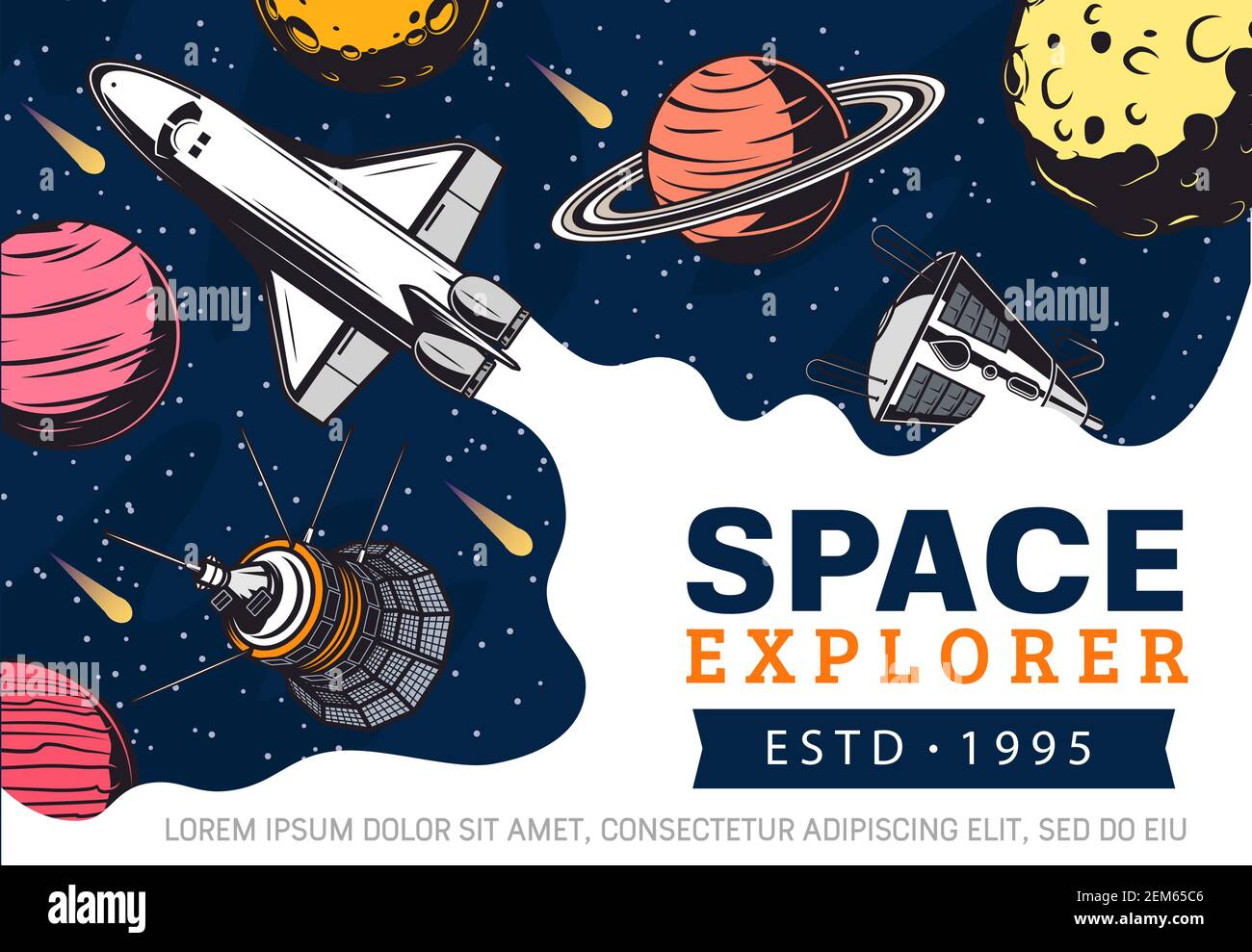 Poster vettoriale avventura esplorazioni spaziali esterne e viaggi galassici. Astronauta esploratori navicella spaziale, sistemi solari pianeti, satelliti, comete e. Illustrazione Vettoriale
